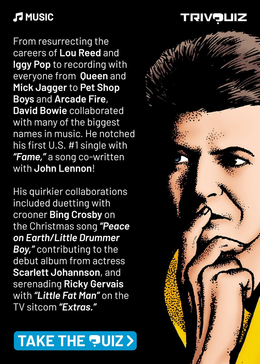 SteveMcGarry's tweet photo. He famously recorded with the likes of Queen, Mick Jagger and Pet Shop Boys, as well as resurrecting the careers of Iggy Pop and Lou Reed … but among David Bowie’s strangest collaborators were a veteran crooner, a TV funnyman and a movie goddess! Test your David Bowie knowledge! https://t.co/snIPD6dYG6