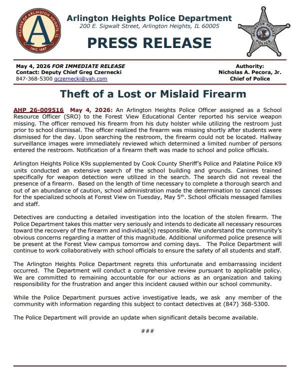 CourtSpinelliTV's tweet photo. Arlington Heights PD says a service weapon is missing after a SRO at Forest View Educational Center removed his gun from the holster to use the restroom, walked away, and could not find it when he went back. They’re calling it “an unfortunate and embarrassing incident.” @WGNNews https://t.co/vBovIl6vhm