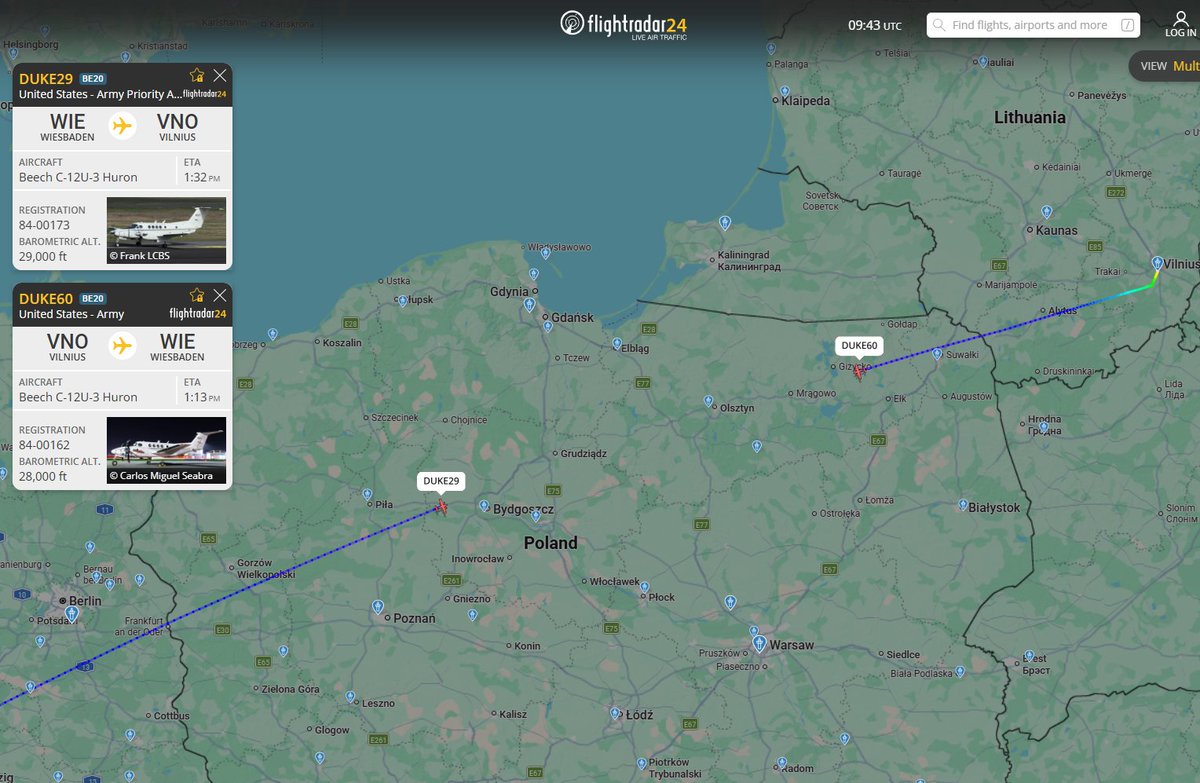 PolishMilRadar's tweet image. 📅 05.05 🕒 11:43LT - 🇺🇸✈️ 2x Beech Huron tranzytem 🇩🇪↔️🇱🇹

🇺🇸 Armia Stanów Zjednoczonych #USArmy

✈️ Beech C-12U-3 Huron "84-00173" #DUKE29 leci na FL290 z 🛫 Bazy Lotniczej Wiesbaden #ETOU 🇩🇪 do 🛬 Wilna #EYVI 🇱🇹.
A odwrotną trasę na FL280 pokonuje #DUKE60 ✈️ Beech C-12U-3
