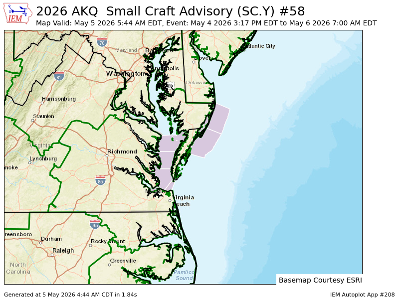 AKQ updates Small Craft Advisory (extends time and expands area to include 3 zones, extends time of 2 zones, continues 5 zones) mesonet.agron.iastate.edu/vtec/f/2026-O-…