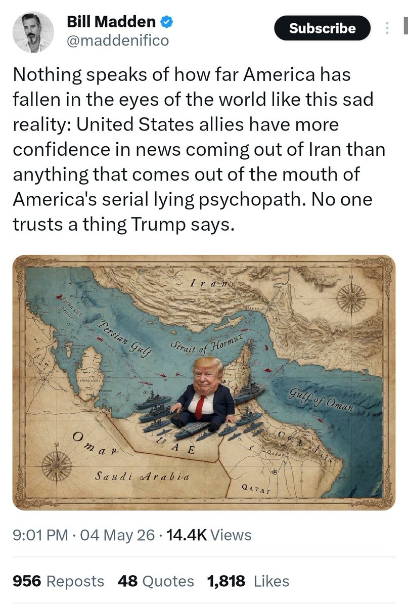 Qarballl's tweet photo. 📌 «هیچ‌چیز به اندازه این واقعیت تلخ، گویای سقوط جایگاه آمریکا درافکار عمومی جهان نیست: متحدان ایالات متحده به اخباری ک از ایران مخابره می‌شود، اعتماد بیشتری دارندتاسخنانی که ازدهان این روان‌پریشِ دروغگوی زنجیره‌ای آمریکا خارج میشودهیچ‌کس به هیچ‌یک ازگفته‌های ترامپ اعتمادندارد» https://t.co/bafJuN1hvx