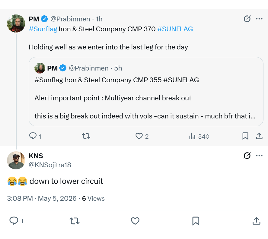 Prabinmen's tweet image. #Nifty #Sensex #Stockstobuy #trendingstocks #Priceaction 

# Sunflag Iron CMP 348 #SUNFLAG

You know why i don't do free work - schadenfreude's like these - the person gets excited when the stock doesn't hit a upper circuit - gets excited to mock me and still follows me imagine