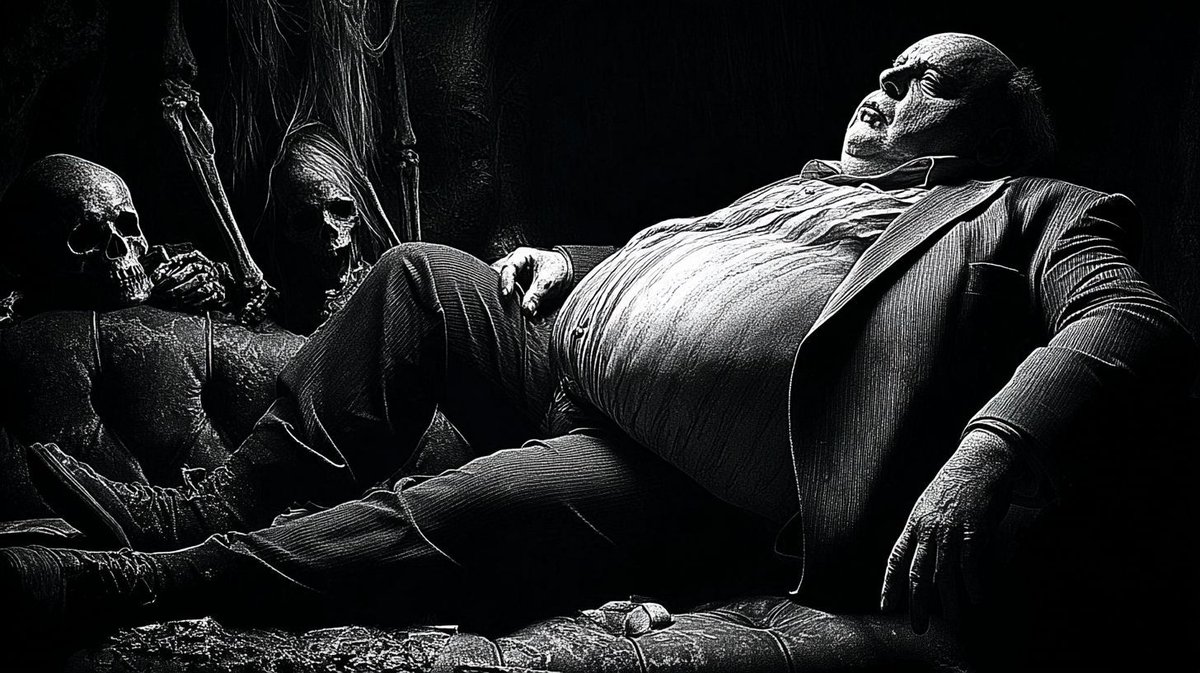 Illustrator0one's tweet image. Deadly Sin: Gluttony
Bloated and motionless, he sprawls in the suffocating dark, his body a monument to endless consumption while skeletal witnesses linger, waiting for what remains to be claimed. In this grotesque stillness, Gluttony is laid bare.

#horror #horrorart #creepy