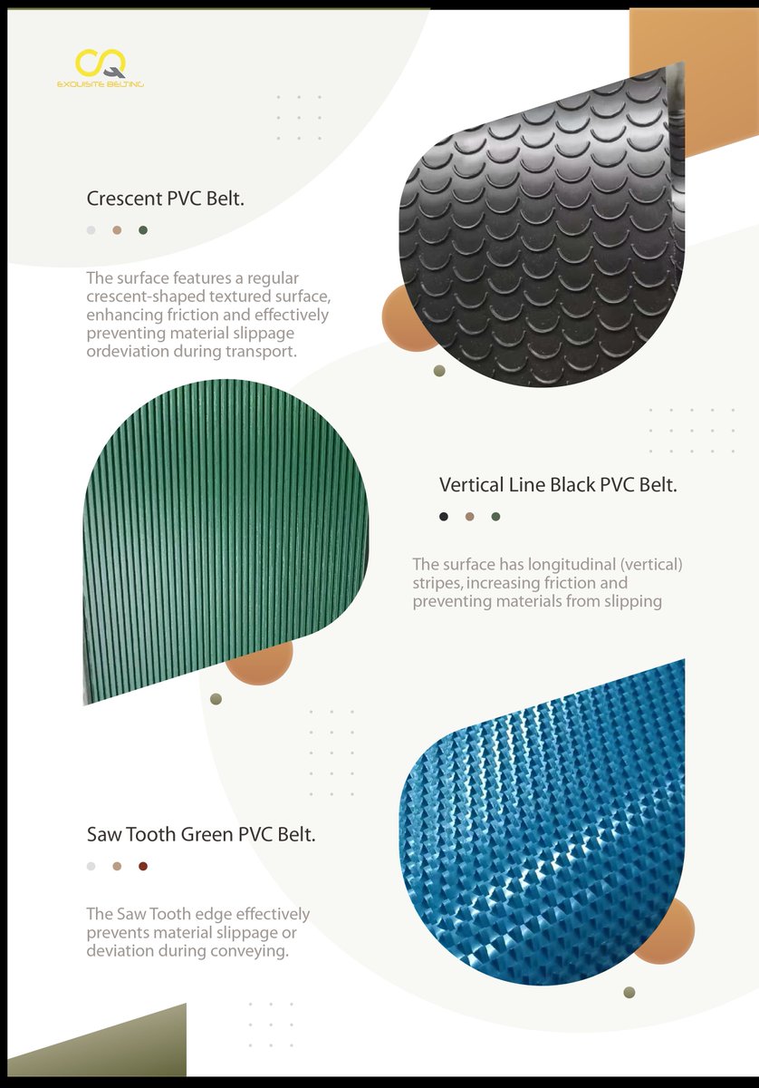 ExquisiteBelt's tweet image. Three types of high-friction patterned PVC belts for #logisticsconveyor:

Crescent PVC Belt, Vertical Line PVC Belt, Saw Tooth PVC Belt.

#Factory direct sales, #delivery in as fast as 2 weeks, quality compliance certificates, after-sales guarantee.