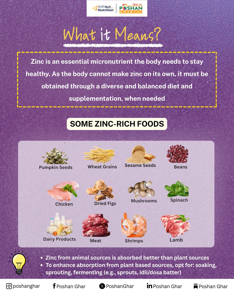 PoshanGhar's tweet photo. Zinc is an essential micronutrient the body needs to stay healthy. As the body cannot make zinc on its own, it must be obtained through a diverse and balanced diet and supplementation, when needed. Swipe to learn the recommended doses for  young children.
#SahiPoshanSeSuraksha https://t.co/8zZ6jp7nPo