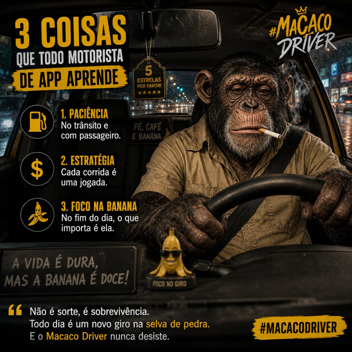 MacacoDriver's tweet photo. “Tem passageiro que entra no carro achando que tá num spa… mas esquece que quem paga o ar é a banana do motorista 🍌😒
Na selva é simples: conforto custa caro. Quer luxo? chama helicóptero.”
#MacacoDriver https://t.co/RI526TsBo3