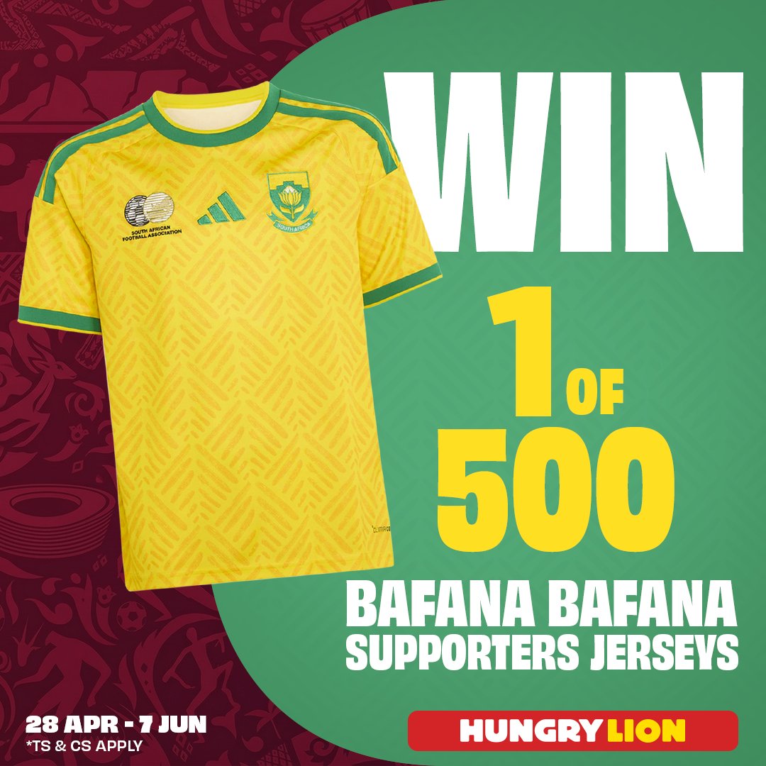 hungrylion's tweet photo. Here's HOW YOU WIN a Bafana Bafana jersey ⚽️🔥

Buy the Football Mega Meal for just R139: 6 Bigger Pieces, 2 Chips & 2 Cokes

Scan the QR code on your till slip and enter your details to stand a chance to win.

At ALL stores until 7 June. Ts & Cs apply