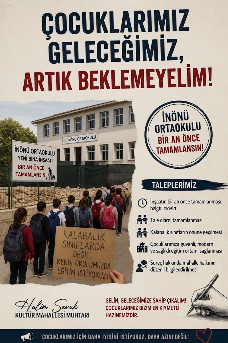 Muhtarhalim12's tweet photo. ÇOCUKLARIMIZ GELECEĞİMİZ, ARTIK BEKLEMEYELİM!

Bugün İnönü Ortaokulu’nu ziyaret ettim. Öğretmenlerimizle bir araya geldim, dertlerini dinledim. Hepsinin ortak söylediği tek bir şey vardı:

“Sınıflarımız kalabalık, çocuklarımız hak ettiği eğitimi alamıyor.”

Kendi okul binaları yıkıldığı için evlatlarımız şu an geçici olarak Çamlık İlkokulu’nda, üstelik yarı zamanlı eğitim görmek zorunda kalıyor.
Bu durum ne öğrencilerimizi mutlu ediyor, ne öğretmenlerimizi huzurlu bırakıyor, ne de velilerimizin içi rahat.

Eğitim, bir çocuğun en temel hakkıdır.
Ama bugün bu hak, ne yazık ki eksik ve zor şartlar altında verilmeye çalışılıyor.

Öğretmenlerimizin bizden isteği açık ve nettir:
“Okulumuz bir an önce tamamlansın, çocuklarımız kendi okullarında, sağlıklı ve uygun ortamlarda eğitim alsın.”

Bu mesele sadece bir okul meselesi değildir.
Bu mesele, mahallemizin, geleceğimizin meselesidir.

Kültür Mahallesi Muhtarı olarak bu çağrıyı yalnızca öğretmenlerimiz adına değil, tüm mahalle halkımız adına yapıyorum.

Yetkililerden beklentimiz nettir:
İnönü Ortaokulu’nun inşaatı bir an önce tamamlanmalı, çocuklarımız kendi yuvalarına kavuşmalıdır.

Unutmayalım; bir çocuğa yapılacak en büyük yatırım, ona layık bir eğitim ortamı sunmaktır.

Bugüne kadar gösterilen sabır için tüm öğretmenlerimize ve velilerimize teşekkür ediyorum.
Ama artık sabrın sonuna geliyoruz.

Çocuklarımızı daha fazla bekletmeyelim.
İnönü Ortaokulu’nu, evlatlarımıza yakışır şekilde bir an önce tamamlayalım!

Halim Savuk
Kültür Mahallesi Muhtarı