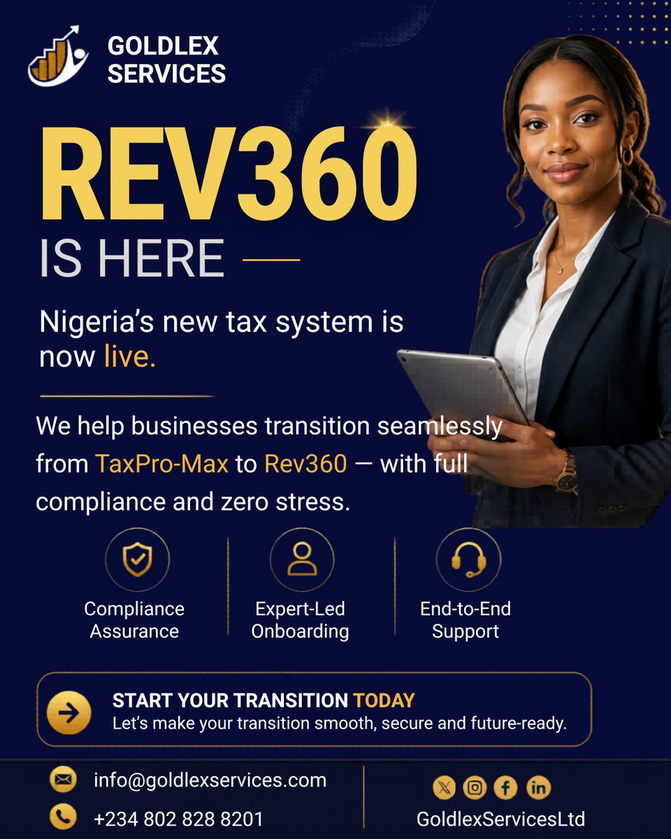 GoldlexServices's tweet photo. Rev360 is now live.

Still on TaxPro-Max? It's time to transition properly. 
 
Goldlex Services guarantees a smooth and stress-free transition from start to finish.   

Let’s get you set up.

Comment “REV360” to get started.

#rev360 #Goldlexservices #Taxpromax https://t.co/jjj0xDCs6s