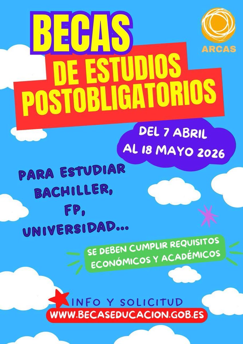 📅 Recordamos que hasta el 18 mayo se puede solicitar la BECA DEL ESTADO DE ESTUDIOS POSTOBLIGATORIOS PARA EL CURSO 2026/27.
 
⛔️ Para solicitarla se debe cumplir unos umbrales de renta y requisitos académicos.
 
✍️ La SOLICITUD se realiza por internet en tinyurl.com/3u42fc3y