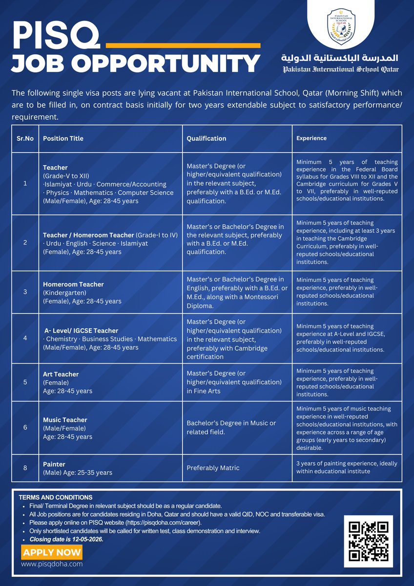 PakistanInteen1's tweet image. Due to the continuous growth and expansion of our school, we are pleased to announce exciting career opportunity for passionate and dedicated professionals to join our team. 
#pisq #jobs #jobopportunity #jobsearch #thisispakistan #thisisqatar