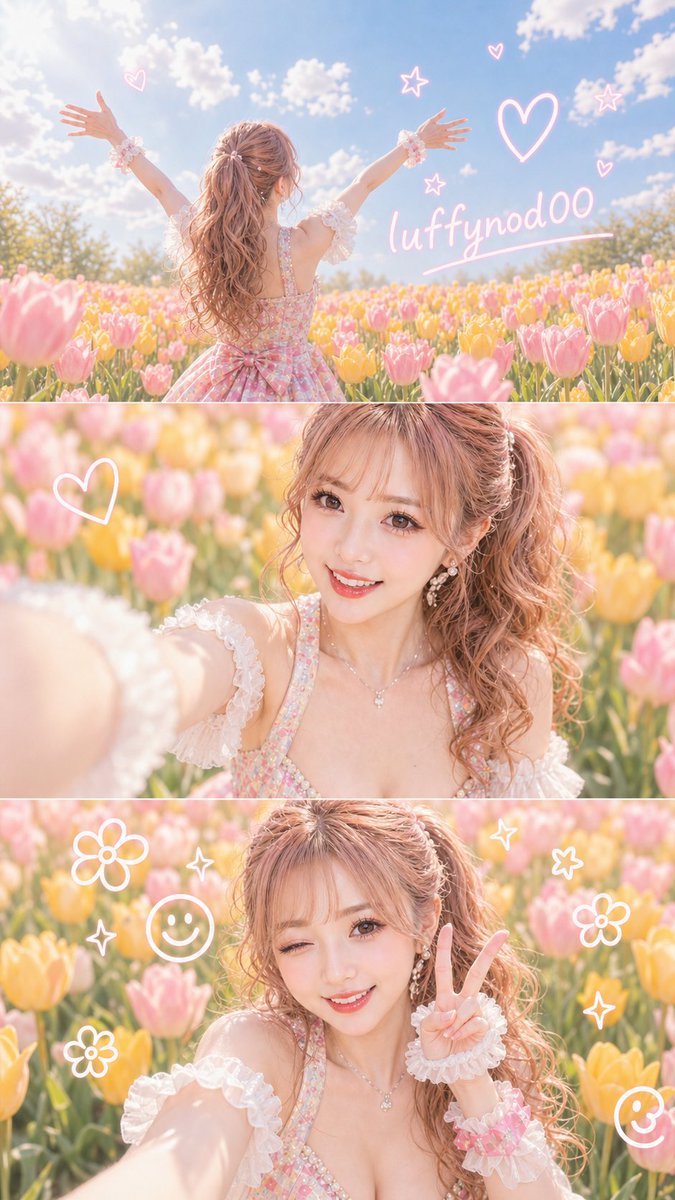 luffynod00's tweet photo. GPT Image 2 프롬프트!!
꽃과 하나되는 멋진 봄의 느낌!

@Taaruk_ 님의 프롬프트를 사용해서 꽃이름, 이모지색, 문구를 바꿨어요. 
(튤립, 장미, 철쭉)

GPT로 이미지를 만들고,
그록 이메진에서 영상 제작.

[프롬프트]
튤립꽃밭에서 첨부한 사진의 캐릭터가 파스텔톤으로 등장하는, 3단 세로 레이아웃의 화사한 봄 라이프스타일 콜라주입니다. 
상단 프레임: 푸른 하늘을 향해 두 팔을 벌린 뒷모습, 귀여운 아이콘(하트, 별)과 함께 손글씨로 쓴 “luffynod00” 문구. 
가운데 프레임: 미소 짓는 셀카 클로즈업, 카메라를 향해 뻗은 손, 부드러운 심도, 환하게 빛나는 피부. 아래쪽 프레임: 평화의 손짓을 하는 장난기 넘치는 포즈, 귀여운 흰색 낙서(꽃, 반짝이, 웃는 얼굴)로 둘러싸여 있음. 화창한 햇살, 생생한 노란 꽃, 부드러운 파스텔 톤, 산뜻한 분위기, 자연광, 얕은 심도, 젊은 감각, 초현실적, 인스타그램 라이프스타일, 8K 고품질. 선명한 촛점.