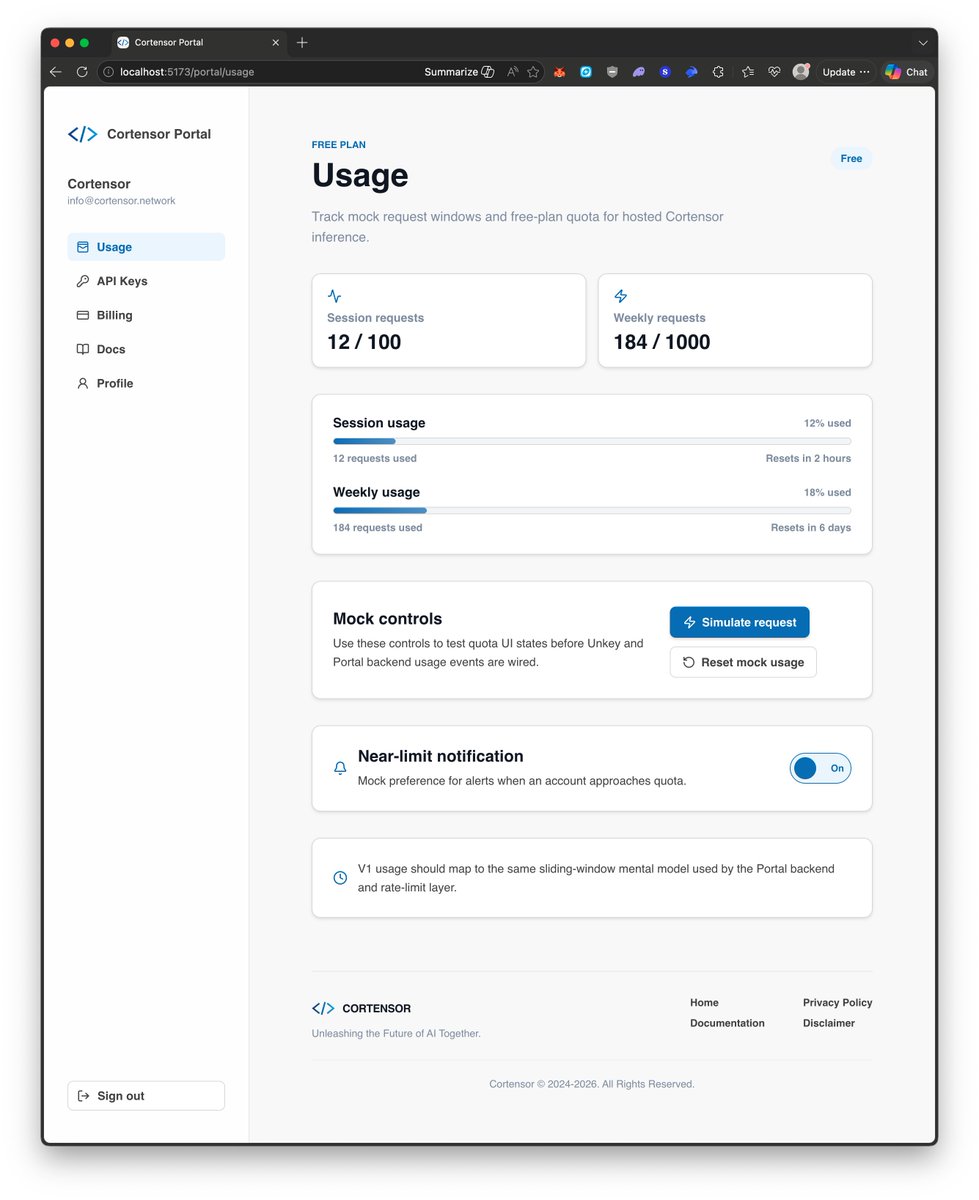 cortensor's tweet photo. 🛠️ DevLog – Portal V1 Mock Scaffold Started

We’ve now put together a very early mock scaffold for the Portal V1 web app.

🔹 Current status  
This is still just a mock / initial UI scaffold, not actual implementation. The goal right now is simply to understand the product surface and user flow more clearly before the real build starts.

🔹 Current direction  
For this first pass, we’re borrowing a simpler layout direction from OllamaCloud as a rough baseline:
- usage
- API keys
- billing
- docs
- profile

🔹 Why this matters  
This is mainly for us to understand the flow better ourselves first:
- what the surface should feel like
- what pages matter most for V1
- what backend/data pieces each page would actually need
- where blockers or awkward UX may show up early

🔹 Current takeaway  
So this is not “Portal V1 is implemented.” It is more like an early dry-run scaffold to understand the shape better before the real execution phase starts.

🔹 What’s next  
This will evolve as we keep iterating and especially once actual implementation starts.

#Cortensor #DevLog #Portal #UIUX #ProductDesign #API