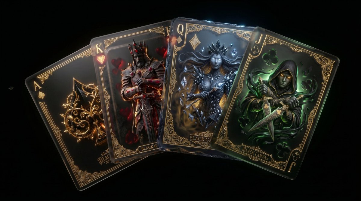 JoshKunn's tweet photo. THE CARDS:

Every card carries a story. 

For Black Canvas, I reimagined four icons as something heavier than paper. 

~Ace stands without a crown
~King shaped by conflict 
~Queen is quiet authority
~Jack observes everything

Not just cards, but pieces you respect at the table. https://t.co/aELLek5fTf
