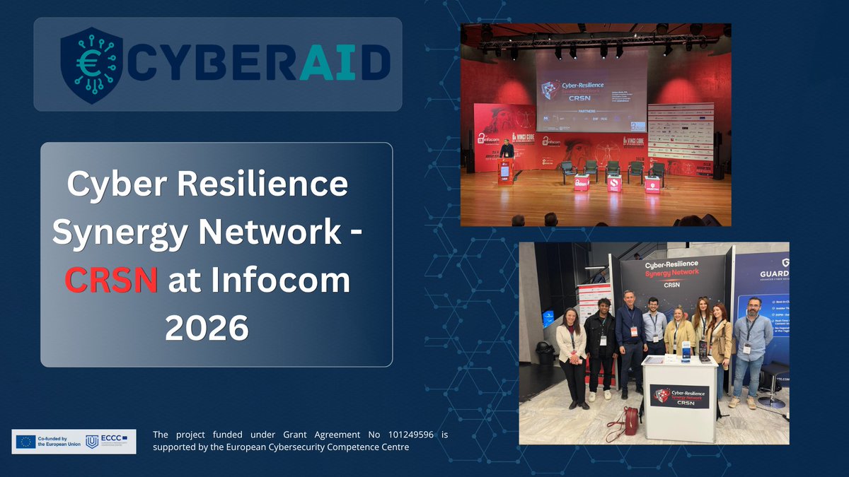 CyberAIdProject's tweet photo. 🚀 The CyberAId Project recently participated in Infocom Security Greece 2026 held in Athens on April 29–30 as part of the Cyber Resilience Synergy Network (CRSN).

🔗 Read more: https://t.co/E9YTwaQa8j

#CyberSecurity #CyberResilience #Collaboration #InfocomSecurity #CRSN https://t.co/k34A4qORaO