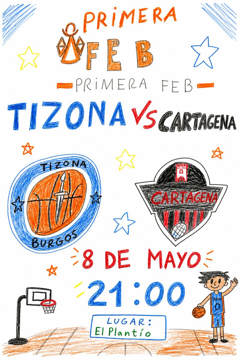 cb_tizona's tweet photo. 🔜 PRÓXIMA JORNADA

🫣 Tenemos al CM un poco vago y le ha pedido a Vera, de nuestra escuela, que hiciera ella el cartel. 

🧐 ¿Qué os parece?

🏆 Jornada 34
🆚 @cb_cartagena 
🗓️ Viernes, 8 de mayo
⏰ 21:00 horas

#SomosTizona #EspírituTizona #HastaLaÚltimaBatalla #PrimeraFEB https://t.co/RApWwgpN3r