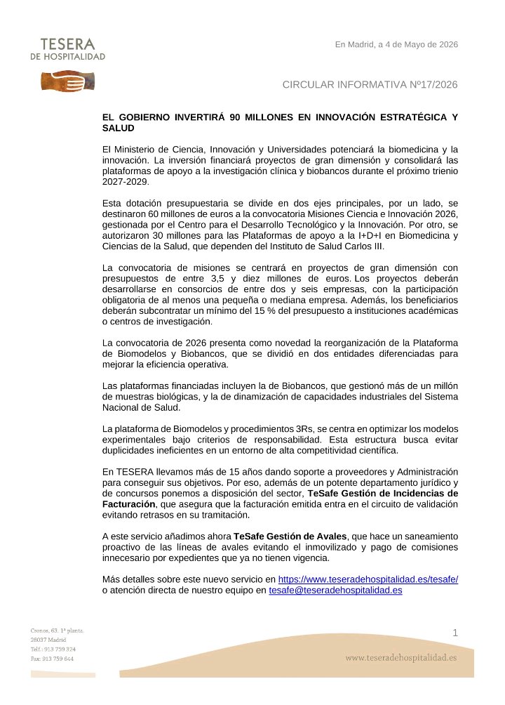 La inversión en innovación estratégica y salud consolidará la investigación clínica y biobancos durante el próximo trienio. Para conseguir estos objetivos es fundamental la aportación del sector privado. Una inversión que requiere también un retorno. En <a href="/TeseradH/">TeseradeHospitalidad</a>  damos soporte