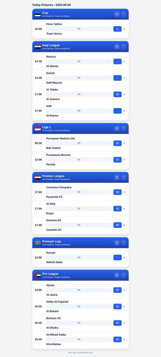 accesspredict's tweet photo. ⚽ Today’s fixtures &amp; tips (2026-05-05)

More: https://t.co/2ov6SwyG2H

Wemby|Spurs|Met Gala|Wolves|MetGala|Everton|اصنع_في_الامارات|West Ham https://t.co/QltmDJD4sD