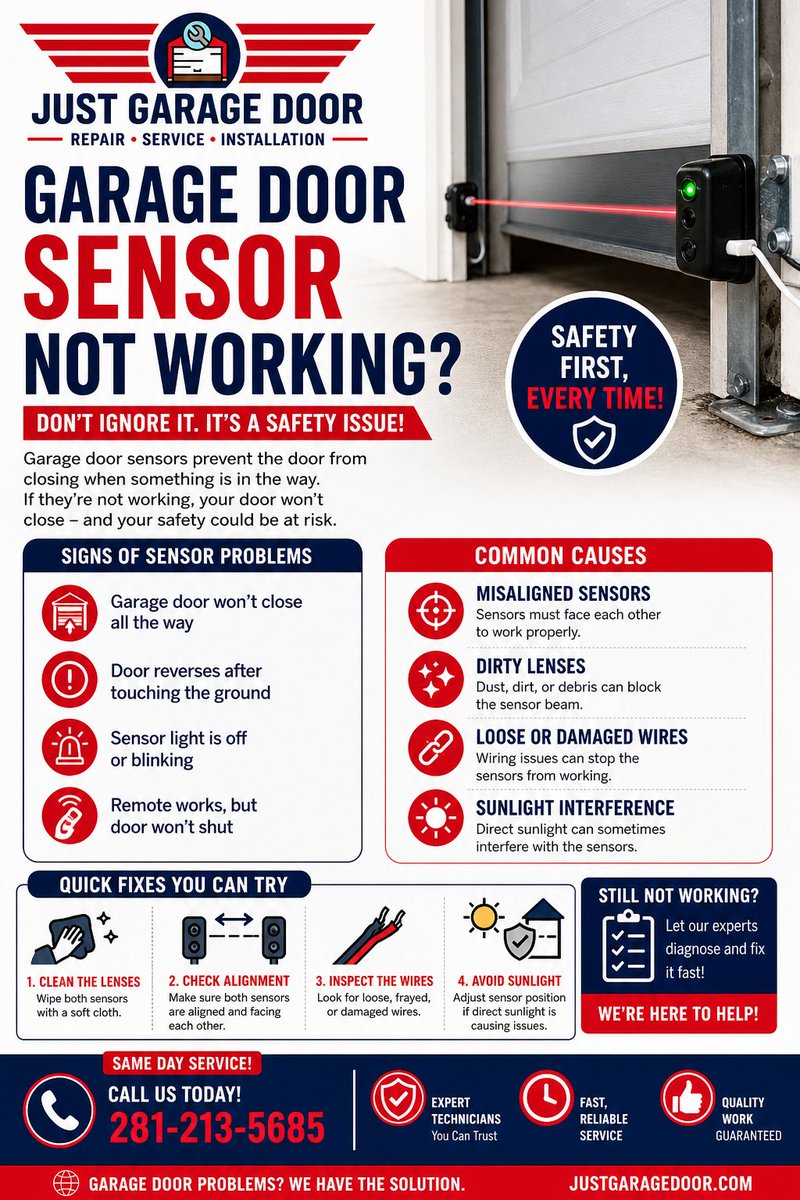 justgaragedoor0's tweet image. Garage door sensor not working? 🚪

If your door won’t close or keeps reversing, check alignment, dirt, or wiring.

Most issues are simple fixes.

Read more:
justgaragedoor.com/garage-door-se…
#GarageDoor #HomeMaintenance