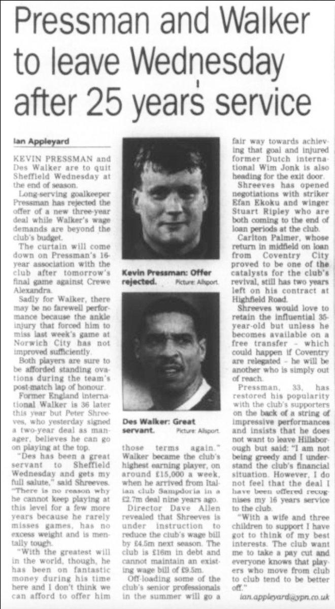 Dunsbyowl's tweet image. #onthisday 25 years ago, it was announced that Wednesday club #legends @kevpressman &amp;amp; Des Walker would be leaving the club at the end of the season 2000-01 season. In the end Pressman would stay with the Owls until 2004.