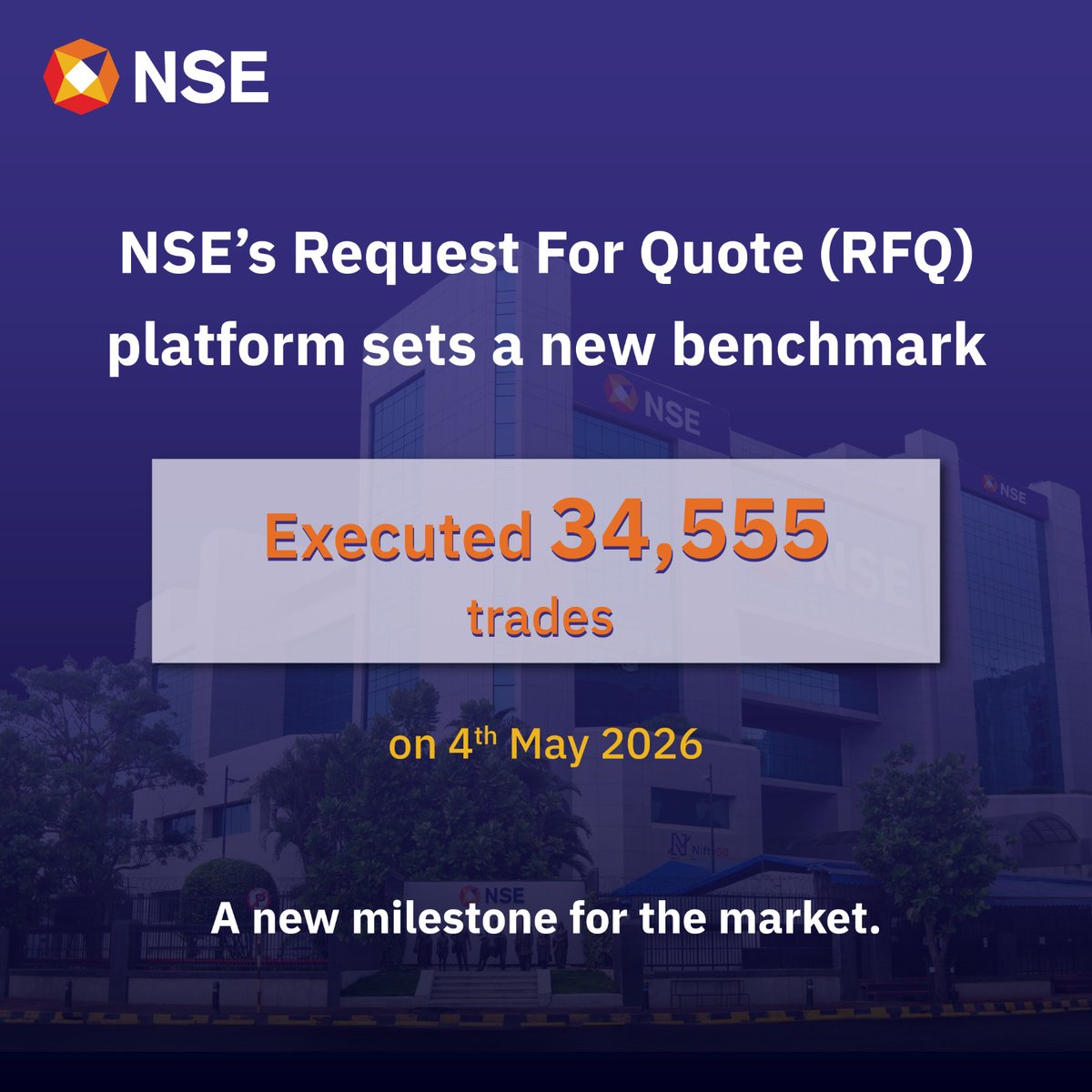 NSEIndia's tweet image. NSE’s RFQ platform records an all-time high of 34,555 trades in a single day on May 04, 2026.

Driving deeper liquidity and increasing retail adoption alongside institutional participation.

#NSE #NSEIndia #RFQ @ashishchauhan