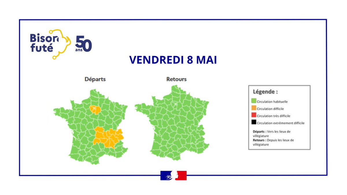 BisonFute_MT's tweet image. ℹ️#InfoTrafic #Printemps 
Circulation dense de jeudi à dimanche prévue pour ce #weekend du #8mai
Au niveau national, elle sera :
🟥Très difficile jeudi 07/05 dans le sens #départs
🟧Difficile jeudi 07 et dimanche 10/05 dans le sens #retours
Détails➡️t.ly/JTutK🛣️🚗