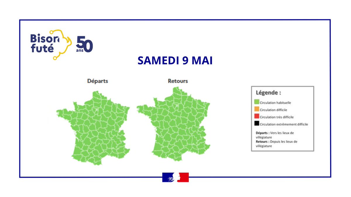 BisonFute_MT's tweet image. ℹ️#InfoTrafic #Printemps 
Circulation dense de jeudi à dimanche prévue pour ce #weekend du #8mai
Au niveau national, elle sera :
🟥Très difficile jeudi 07/05 dans le sens #départs
🟧Difficile jeudi 07 et dimanche 10/05 dans le sens #retours
Détails➡️t.ly/JTutK🛣️🚗