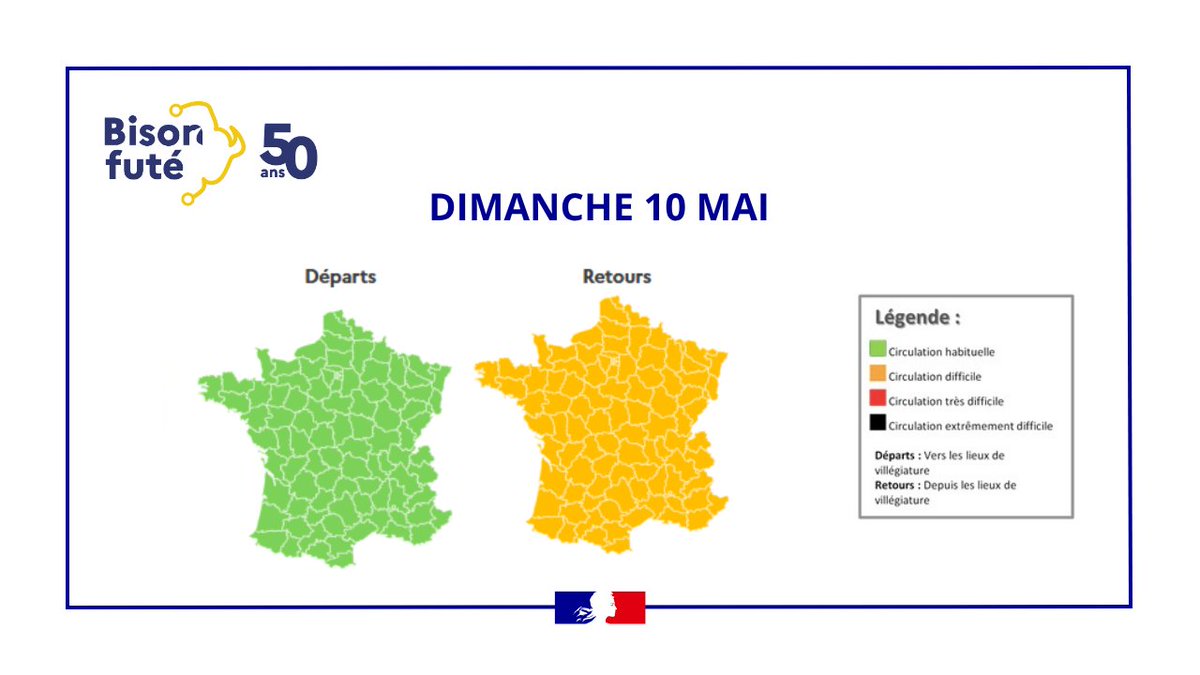 BisonFute_MT's tweet image. ℹ️#InfoTrafic #Printemps 
Circulation dense de jeudi à dimanche prévue pour ce #weekend du #8mai
Au niveau national, elle sera :
🟥Très difficile jeudi 07/05 dans le sens #départs
🟧Difficile jeudi 07 et dimanche 10/05 dans le sens #retours
Détails➡️t.ly/JTutK🛣️🚗