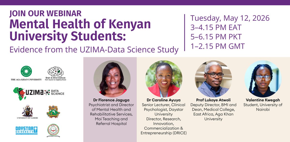 AKU_BMI's tweet photo. Join our upcoming #webinar on Mental Health of Kenyan University Students: Evidence from the UZIMA Data Science Study.
𝐑𝐞𝐠𝐢𝐬𝐭𝐞𝐫➡️ https://t.co/fqg1bLx6yM
𝐃𝐚𝐭𝐞: Tuesday, May 12, 2026
𝐓𝐢𝐦𝐞: 3:00 PM to 4:15 PM EAT
#MentalHealth #StudentsWellbeing https://t.co/zWQ25ViQIB