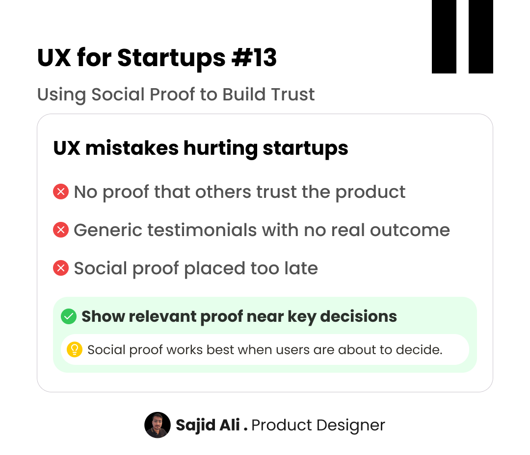 sajidaliux's tweet image. Before users take action, they look for proof. They want to know:
Do others trust this?
Did it work for someone like me?
Is this worth my time or money?
That’s why social proof matters.
Good UX uses social proof to build trust before users decide.

#UXDesign #ProductDesign  #SaaS