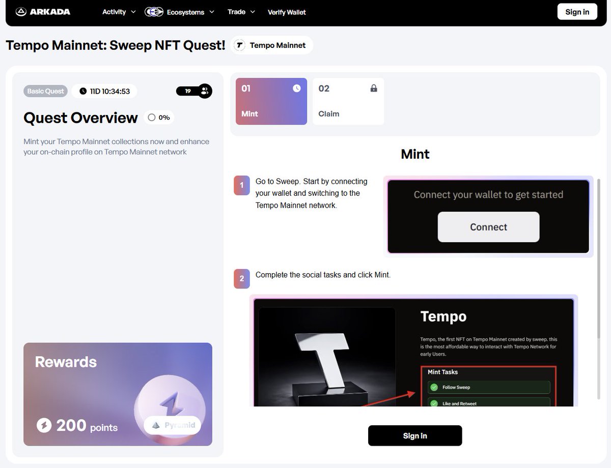 Mint your Tempo Badge On Sweep for Free on <a href="/tempo/">Tempo</a>  :

▶️  Mint Link: sweep.haus/Tempo

Verify and collect your points on <a href="/Arkada_gg/">Arkada</a> as well :

➡️  app.arkada.gg/ru/campaign/te…