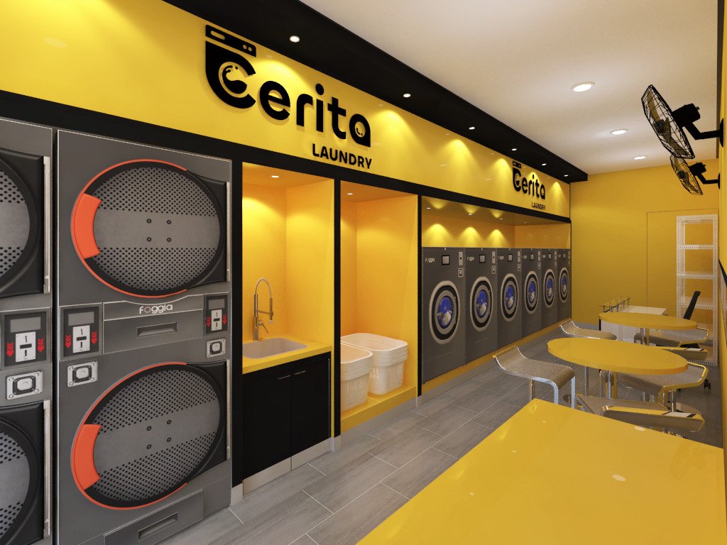 indrarestu2's tweet image. Laundryshop dgn interior nuansa hitam &amp;amp; kuning.
Eksterior tetap mempertahankan warna fasad yg netral (putih)
#interiordesign #laundryshop #3dinteriordesign