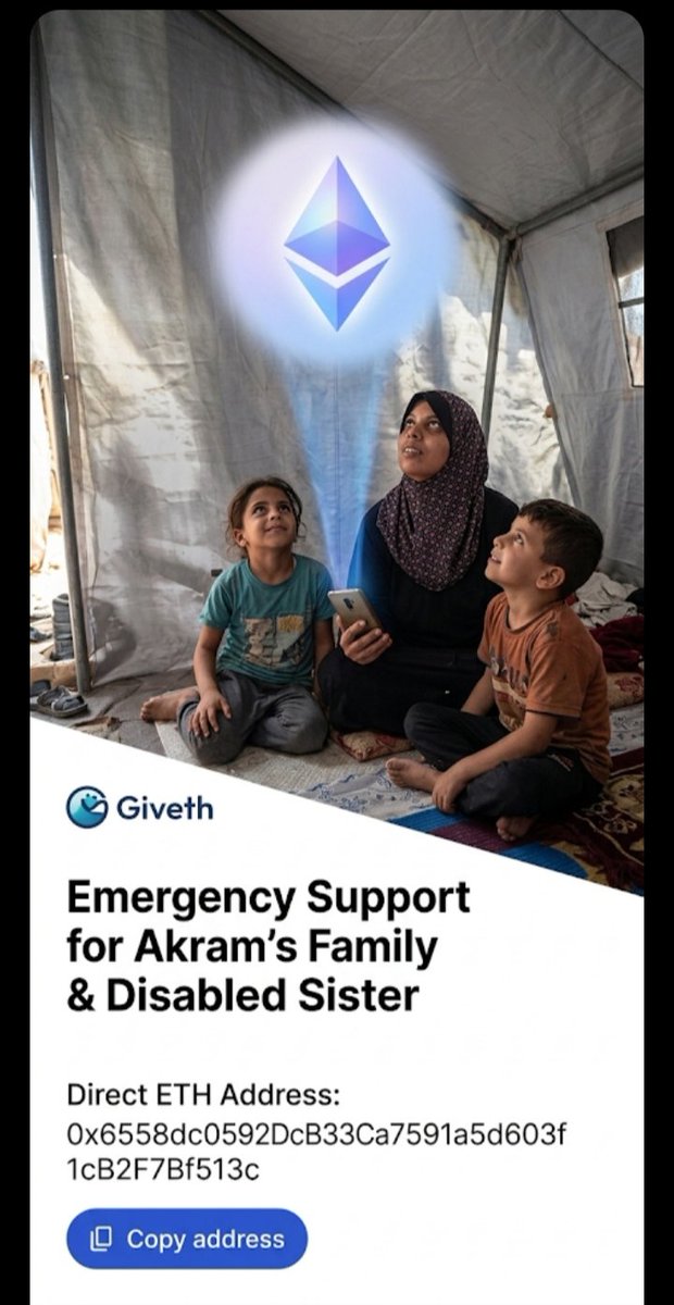 akram217654's tweet image. Urgent Appeal from Gaza 🇵🇸
​Your $5 or $10 makes a real difference in feeding my family of 7 &amp;amp; my disabled sister. Every bit of support is a lifeline for my children.
​Donate here:
giveth.io/project/emerge…
​#G
#Bitcoin #Gaza #Web3 #CryptoForGood #ETH @Giveth