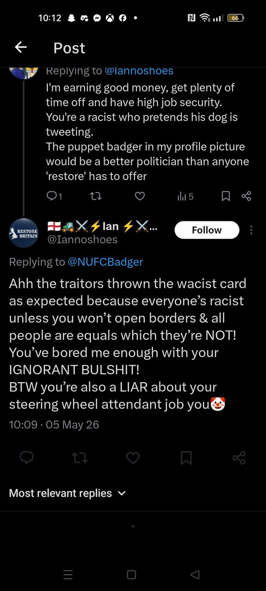 One moment I'm a pathetic clown for having my job as a bus driver, the next I'm lying about it, but I'm blocked now as all #restore voters are pathetic cry babies
