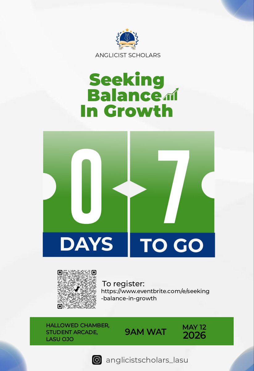 de_anglicists's tweet photo. 7 days to something transformative.

May 12 | 9AM | Hallowed Chamber, Student Arcade, LASU OJO. 

Click the link below e to secure your spot. 
https://t.co/BAZCP92ffK

#anglicistscholars
#seekingbalanceingrowth
#balancedgrowth
#countdowntoseekingbalnaceingrowth
#7daystogo https://t.co/iI3YmLdYIU