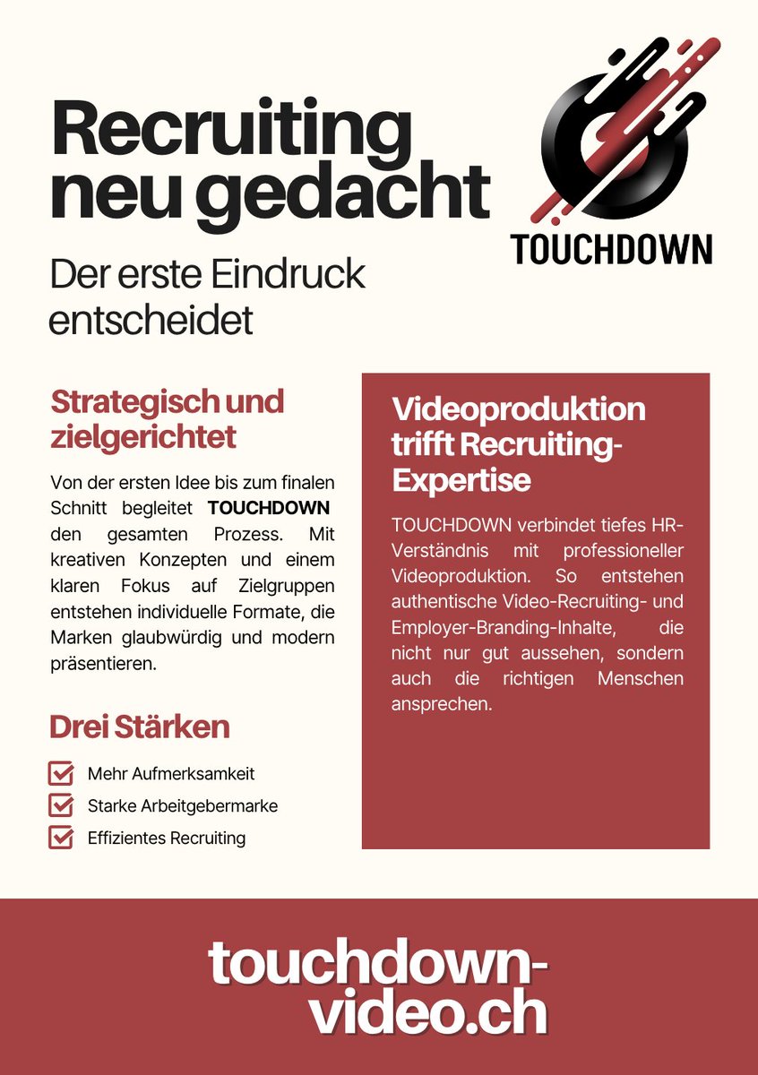 Tackle_BC's tweet image. Ob #Employer #Branding, #Social-Media-Recruiting oder Video-Recruiting: Wir unterstützen Unternehmen dabei, ihre #Arbeitgebermarke authentisch zu präsentieren und passende Talente gezielt anzusprechen.

Schreib uns direkt an: info@touchdown-video.ch
