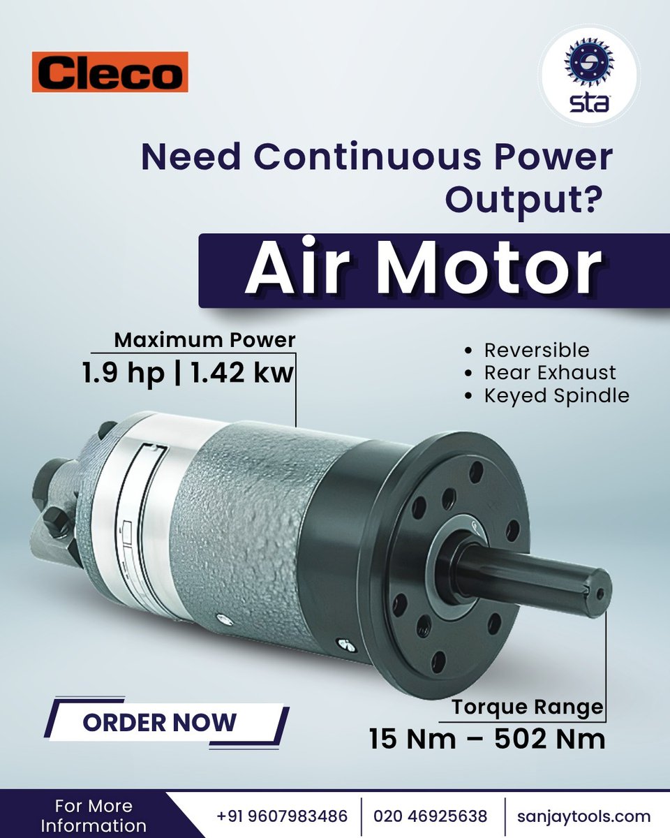 Sanjaytools's tweet photo. Cleco A6 Series Air Motor delivers continuous power with up to 1.9 hp &amp; 15–502 Nm torque, built for reliable industrial performance.
📞 020 46925638 / +91 96079 83486
🌐 https://t.co/bUtgmtGKGI
.
.
.
.
.
#Cleco #AirMotor #IndustrialTools #PowerTools #SanjayTools https://t.co/eWVy15fvw1