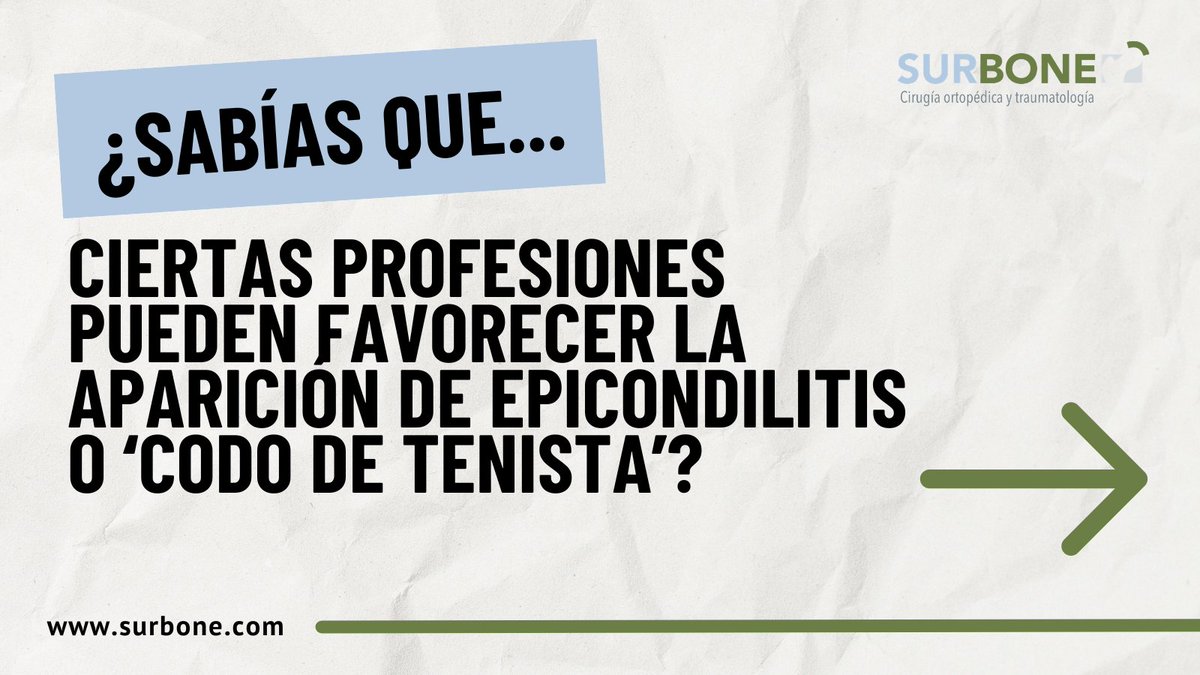 Surbone's tweet photo. 👉 La epicondilitis lateral, o “codo de tenista”, puede afectar a trabajadores de múltiples profesiones debido a movimientos repetitivos o a la sobrecarga del antebrazo. En #Surbone, podemos ayudarte a diagnosticarla y tratarla para que recuperes tu actividad sin dolor. https://t.co/qWkZZuc4gt