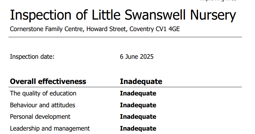 Jennifer Wells is Reform UK's candidate in Bablake, #Coventry for <a href="/coventrycc/">Coventry City Council</a>.

Jennifer runs Paradise Mobile Creche LTD, the parent company of Swanswell Nursery in Coventry.
…te.company-information.service.gov.uk/company/066228…

The 2025 Ofsted inspection was Inadequate and found that there were small