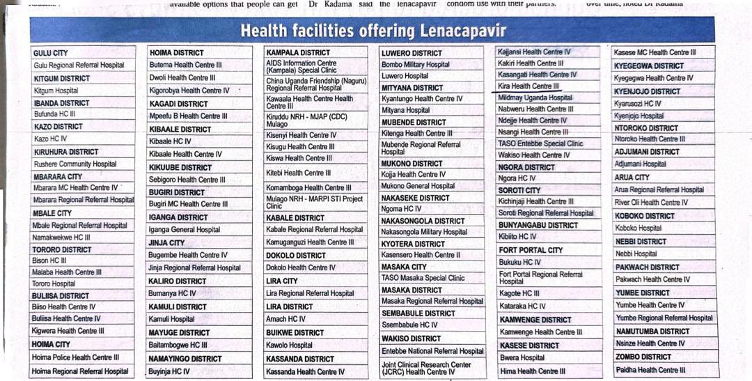 Health facilities with the “HIV preventing injection” Lenacapavir. 

Share widely to help a friend. 😎