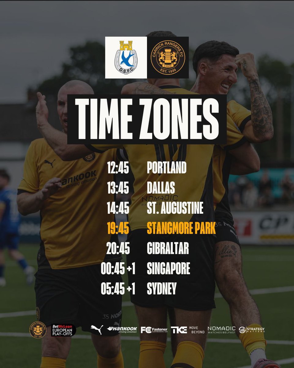 CarrickRangers's tweet photo. 𝗧𝗶𝗺𝗲 𝗭𝗼𝗻𝗲𝘀 🌎

The 'Gers kick-off at Stangmore Park at 7.45pm BST on Wednesday, but what about where you live...

#CRFC | #AmberArmy 🟠⚫️ https://t.co/uHt2nY7Zws