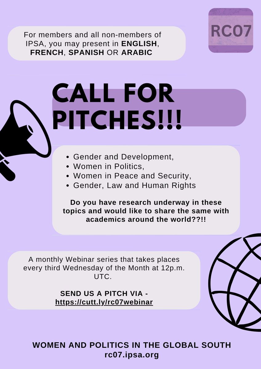 ipsarc07's tweet photo. Postgrad Researchers, Early-Career Scholars &amp; Practitioners!!!

We’re seeking regional voices for RC07’s monthly webinar series on gender, politics, law, and development in the Global South.

So send your papers!! 🔗 https://t.co/cbragb9fCL

#IPSA #RC07Webinar https://t.co/LTpZ6IEgaw