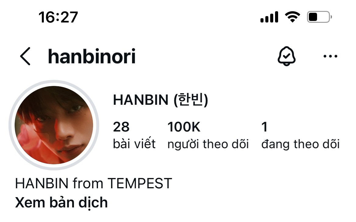 Đúng 16:27 giờ Việt Nam
(Sau khi bỏ lỡ 80K 90K🥹)
Tài khoản Instagram của HANBIN đạt 100.000 người theo dõi
Chúc mừng người dùng Hanbinori 🎉

➻❥Łøvε ♡♡♡
#Hanbinori 
<a href="/HANBIN_twt_/">HANBIN</a> 
#NgoNgocHung 
#한빈아_HANBIN_Ơi 
#HANBIN  #한빈  
#ハンビン #韩彬
#TEMPEST #템페스트
