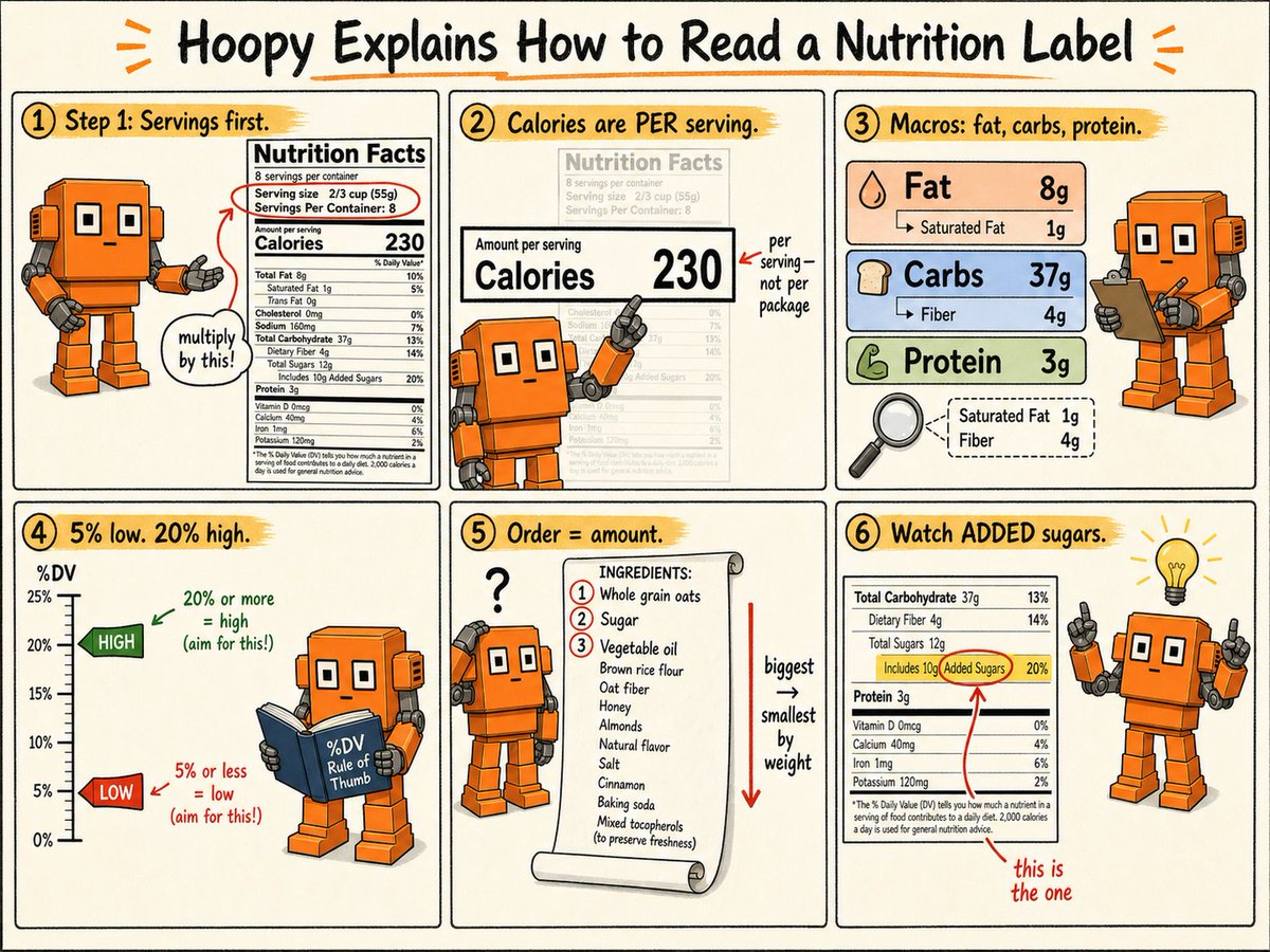 davidhop's tweet photo. Reading a Nutrition Facts label, in 6 panels:
→ servings (the trap)
→ calories per serving
→ macros: fat/carbs/protein
→ %DV (Percent Daily Value): 5% low, 20% high
→ ingredients big→small by weight
→ spotting added sugars

https://t.co/77B0x65ldK https://t.co/BsUCBsp0gx