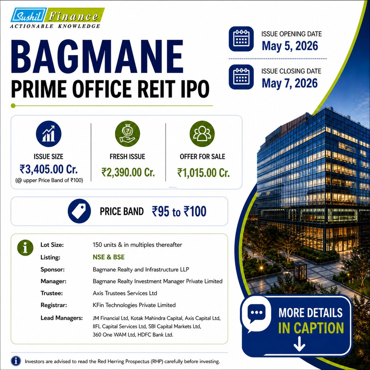 sushilfinance's tweet photo. All You Need to Know About the Bagmane Prime Office REIT

🏢 Business Overview
Bagmane Prime Office REIT is a real estate investment trust focused on owning and managing premium Grade A+ office parks in Bengaluru.
Backed by the Bagmane Group (with ~30 years of experience), the REIT has built a strong portfolio of high-quality commercial assets.

📊 Portfolio Strength
* Total Leasable Area: ~19.6 million sq. ft.
* 6 premium business parks across Bengaluru
* Located in top micro-markets:
– Outer Ring Road (ORR)
– Secondary Business District (SBD City)

📈 Occupancy: 98.8% (very strong)
🗓️ WALE: 7.4 years (long-term lease visibility)

🌍 Tenant Profile
The REIT has a high-quality tenant base, including:
🌐 Google
🌐 Amazon
🌐 Nvidia
🌐 Volvo

* ~98.7% rentals from foreign-headquartered MNCs & GCCs
👉 Indicates strong stability and premium positioning

⚡ Additional Assets & Value Drivers
* Solar power capacity: 164.4 MW ☀️
* 2 under-construction hotels (607 keys) 🏨

 📈 Growth Drivers
* Built-to-Suit (BTS) developments
* Contractual rental escalations
* Mark-to-market upside (~17.6% higher than current rents)

 ⭐ Investment Highlights
1️⃣ Strong relationships with global MNC & GCC tenants
2️⃣ Premium, hard-to-replicate office assets
3️⃣ Strategic presence in Bengaluru’s top commercial hubs
4️⃣ Integrated infrastructure with sustainable energy assets
5️⃣ Long lease tenure ensuring stable cash flows
6️⃣ Strong growth visibility through rental upside