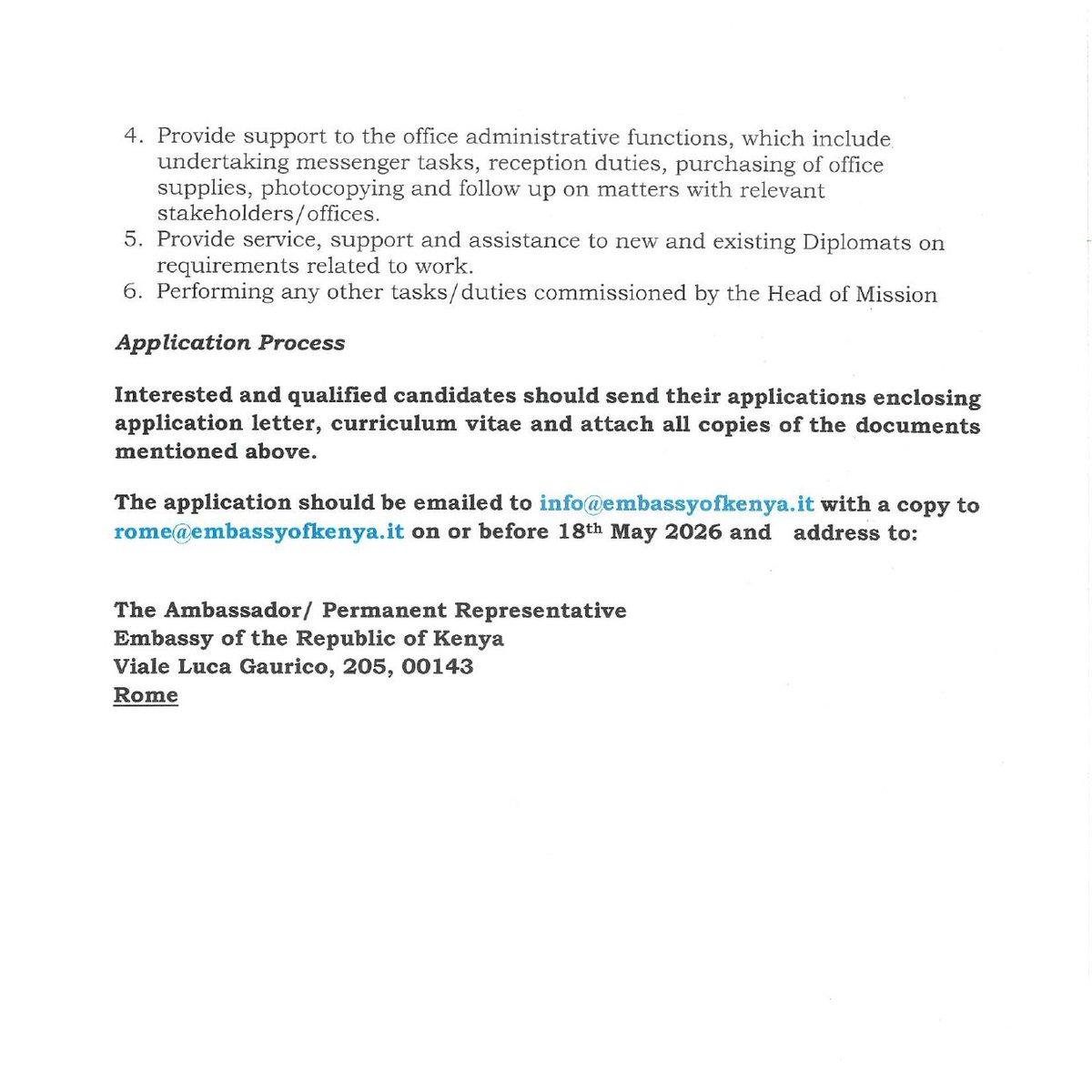 VACANCY: Recruitment of drivers at the Embassy of Kenya in Rome

Interested and qualified candidates should send their applications to info@embassyofkenya.it and rome@embassyofkenya.it on or before 18th May, 2026.