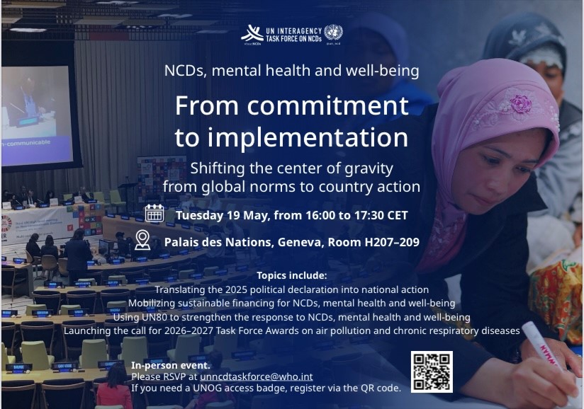 KulikovUNIATF's tweet image. 🗓️SAVE THE DATE 

From Commitment to Implementation — Delivering the 2025 NCD Political Declaration

📍 Annual meeting of the Friends of the UN Inter-Agency Task Force on #NCDs and  Mental Health

🗓️ 19 May 2026
🕓 16:00 – 17:30 CET
📍 Palais des Nations, Geneva (Room H207-209)