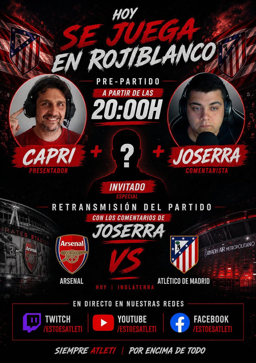 estoesatleti's tweet photo. 🚨NARRAMOS EL ARSENAL - ATLETI DE CHAMPIONS LEAGUE

⏰ Desde las 20:00 hasta el final del partido con @joserraATM y @jorgecaprile 

🔗 https://t.co/ne19JDwTKY
🔗 https://t.co/XDpyQMK4uW

📰 Declaraciones, reacciones y última hora en https://t.co/i0hoSjonBC https://t.co/eMzGxdJjno