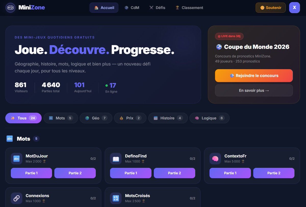 MiniZoneFr's tweet photo. J’ai passé des mois à construire quelque chose.
24 jeux gratuits. Sans pub.
Des nouveaux défis chaque jour.
Et un concour de pronostics pour la Coupe du monde 2026 ⚽️
Le site que j’aurais voulu trouver.
👉 https://t.co/jwbgQnEMCV
#Minizone #CoupeDuMonde2026 #FIFA2026 #jeux https://t.co/iE13DdLRFp