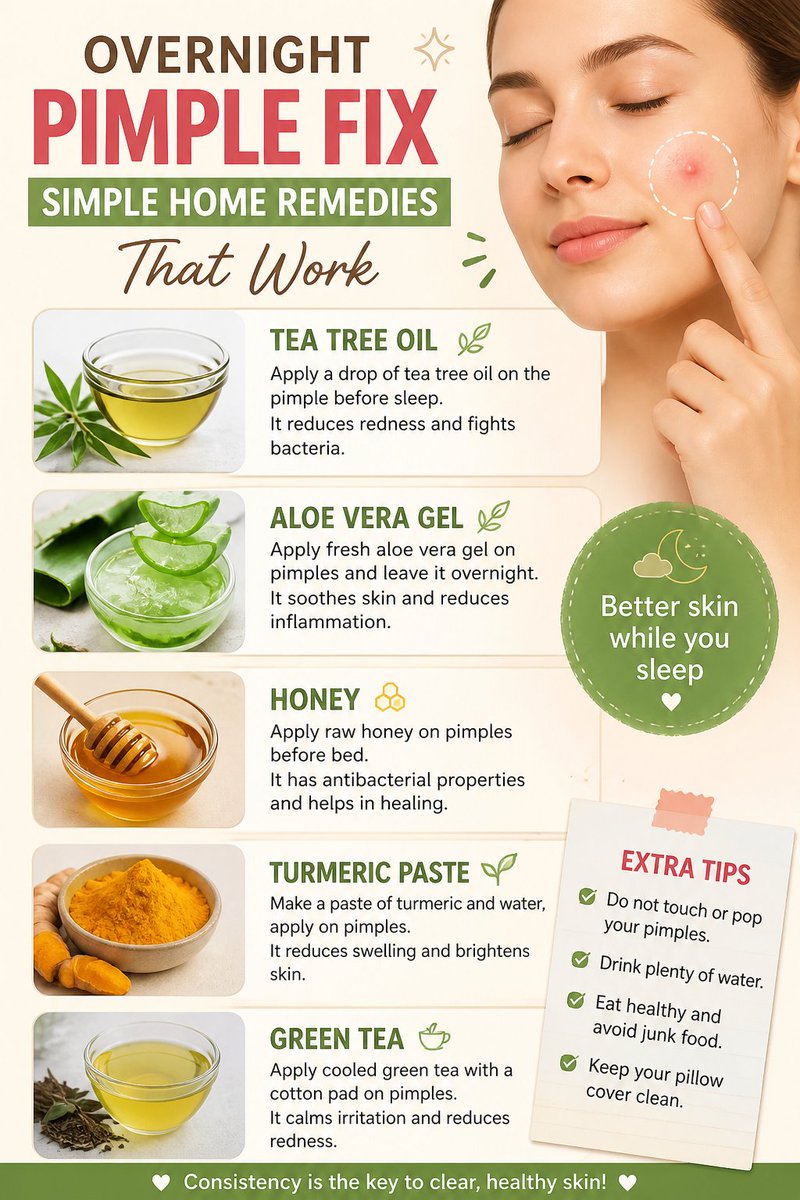 AreeshaU91600's tweet image. Simple home remedies like aloe vera, tea tree oil, and honey help reduce pimples, calm redness, and improve skin naturally 🌿✨ #PimpleRemedies #ClearSkinNaturally #SkincareTips